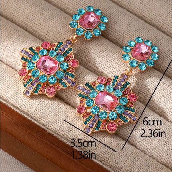 Bright Pink and Blue Rhinestone Dangle Earrings - Picture 4 of 4